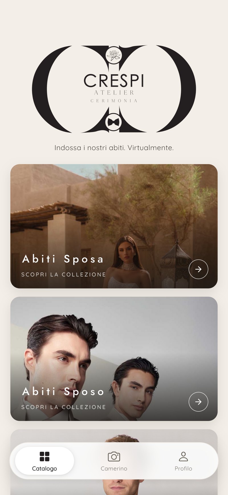 Schermata dell'app Crespi Atelier Cerimonia con il catalogo degli abiti