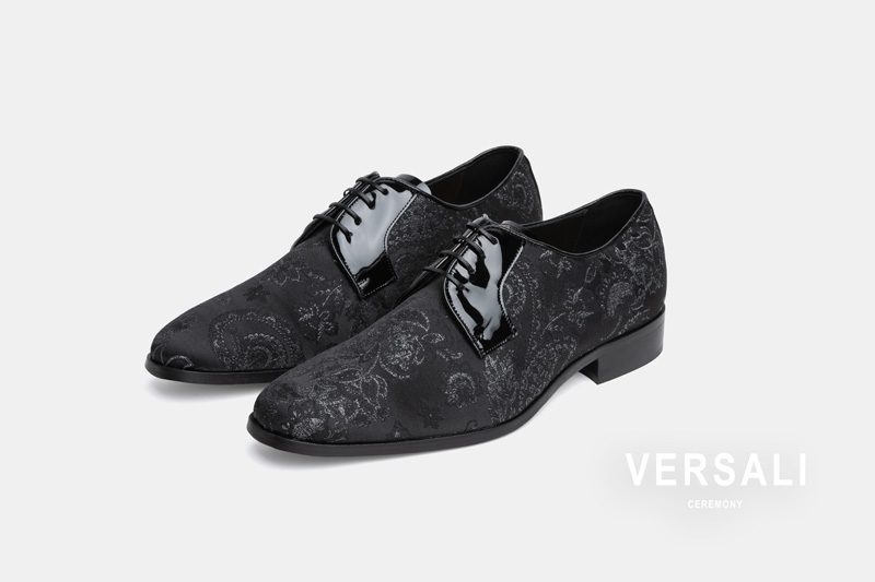 Derby in jacquard nero con punta in vernice Andrea Versali