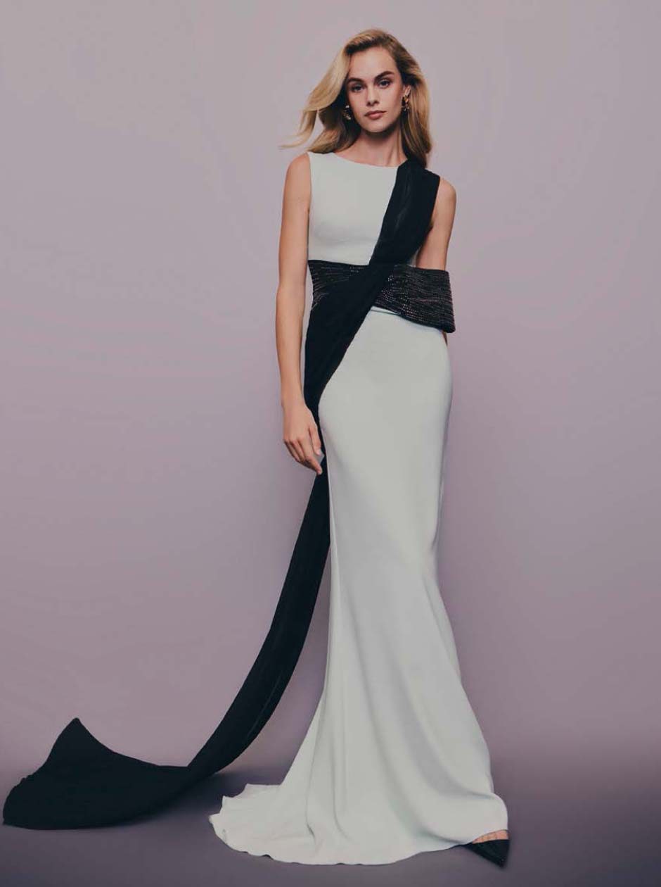Abito da cerimonia Pronovias avorio con fascia nera drappeggiata
