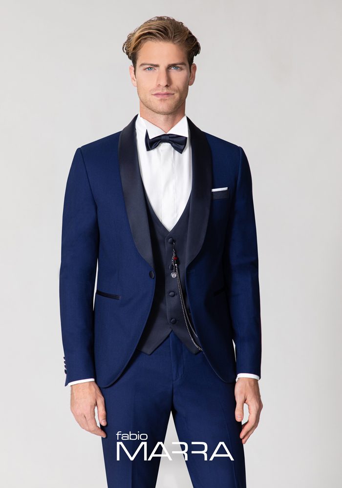 Smoking Fabio Marra blu con revers a scialle e papillon